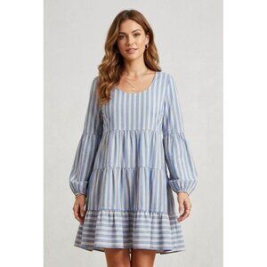 En Saison Dress Large Blue Striped Babydoll Tiered Long Bishop Sleeve Coastal